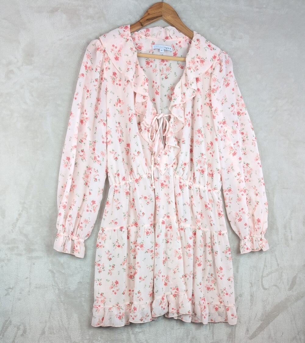 Baltic Born Pink Floral Knee Length Dress Size XL Lined Semi Sheer Cottagecore